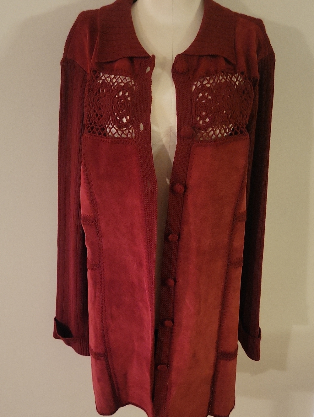J Jill Red Patchwork Suede Wool Blend Crochet Cardigan Jacket Med Tall NWT